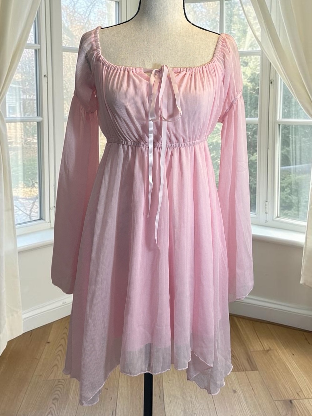 NWOT Fairycore Bell Sleeve Dress Pink Asymmetrical Hem M Festival Ballerina